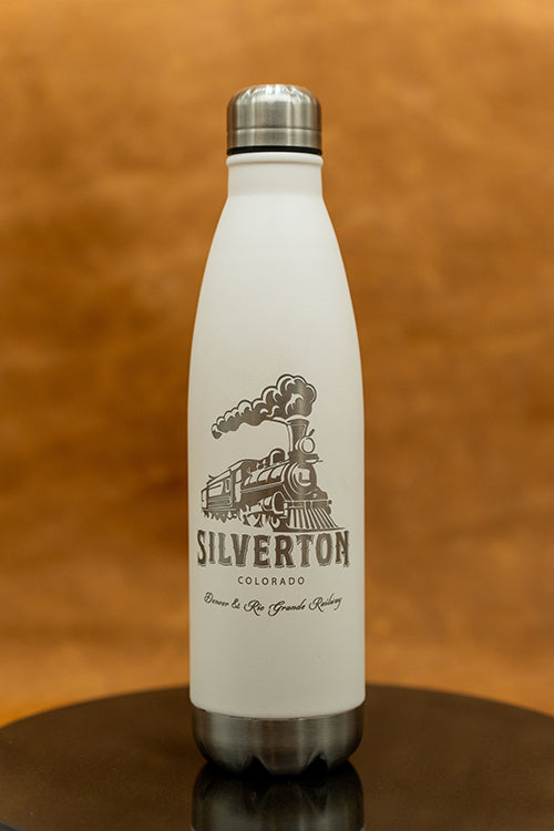 Laser Engraved Stainless Steel Water Bottle Silverton, CO Train Motif