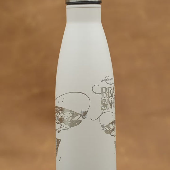 Laser Engraved Stainless Steel Water Bottle BearSnot Fly Fishing Motif Video