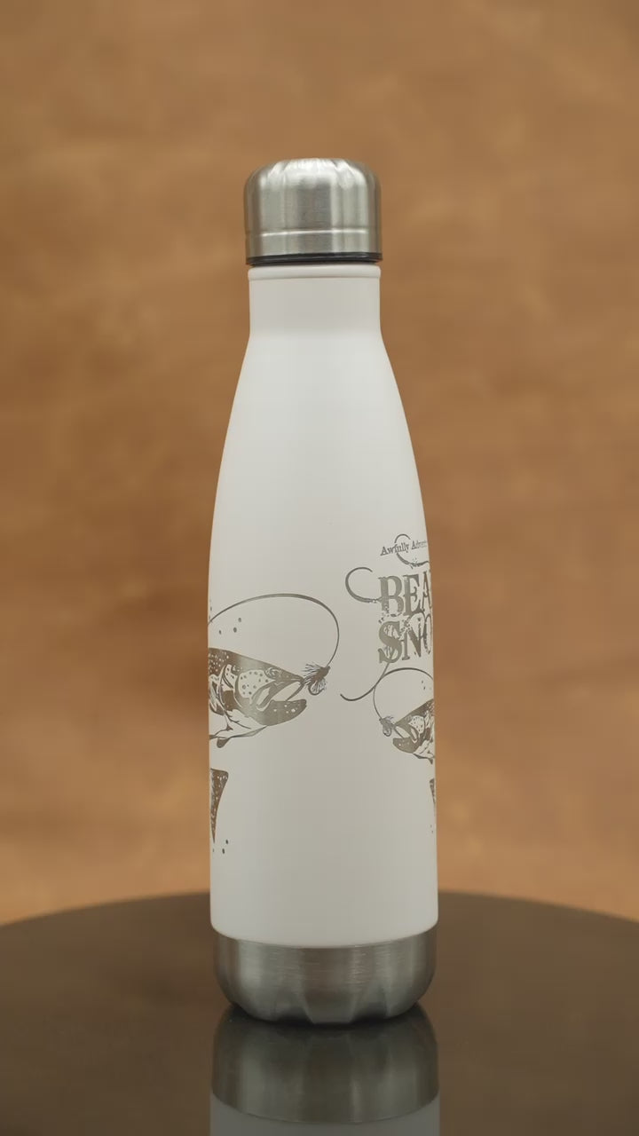 Laser Engraved Stainless Steel Water Bottle BearSnot Fly Fishing Motif Video